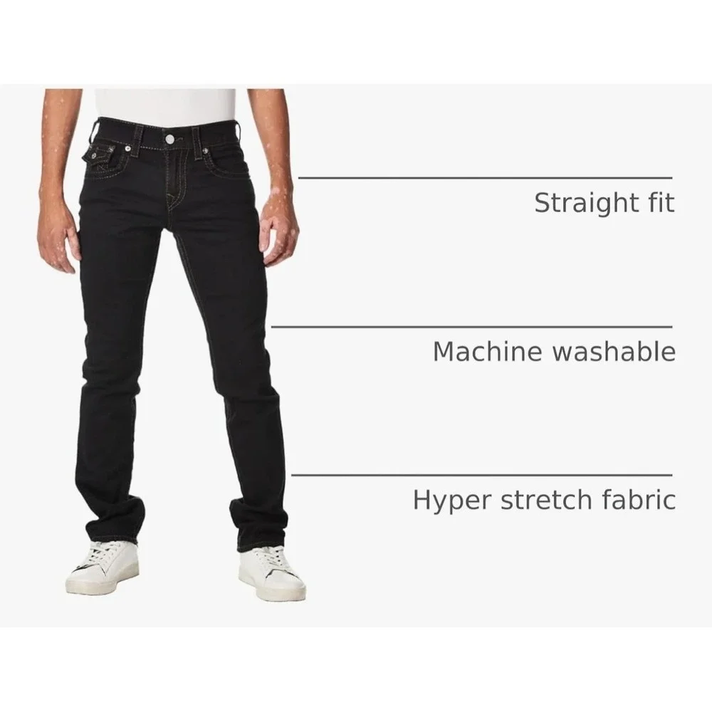 True Religion Ricky Relaxed Straight Black Contrast Stitch Jeans Mens 36